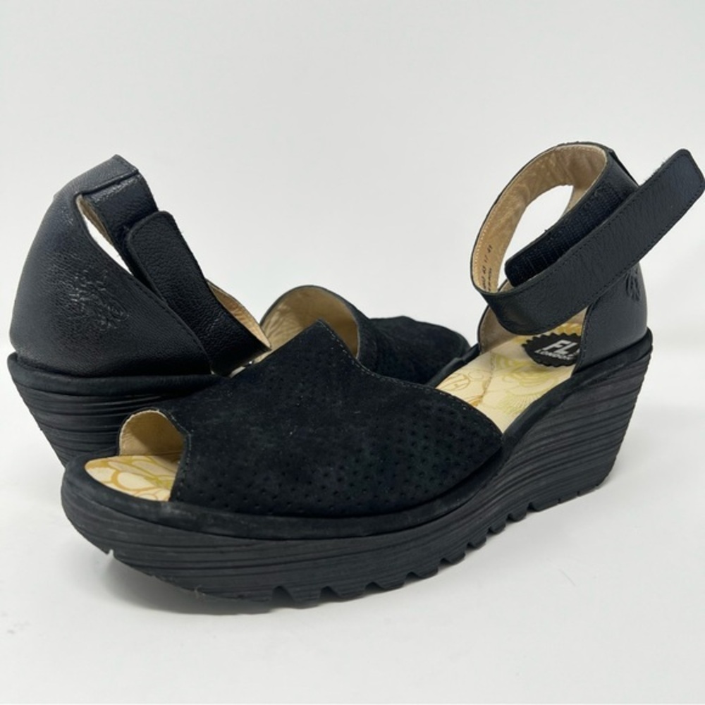 Fly London Black Suede & Leather Wedge Sandals